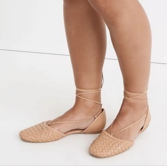 MADEWELL The Celina Lace-Up Flat Woven Ankle-Tie Leather Shoes Tan Ballerina 9